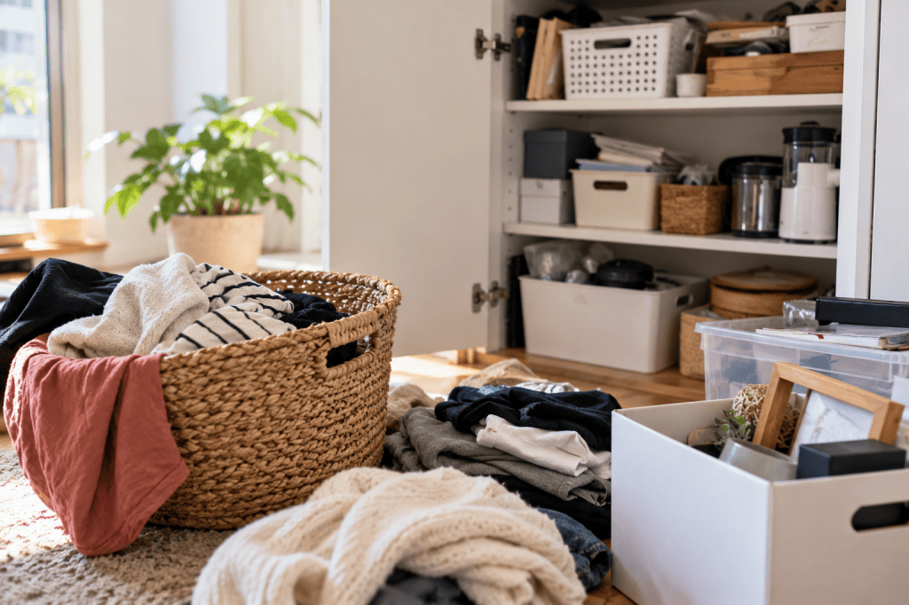 Open storage cupboard with baskets and household items, surrounded by piles of clothes and belongings during a home decluttering session.