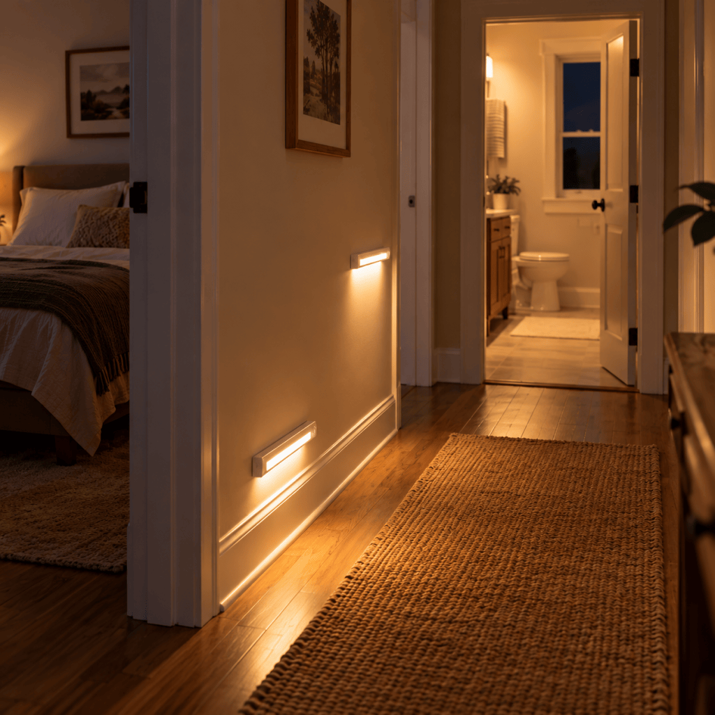 Motion-sensor lights illuminating the hallway between a bedroom and bathroom at night